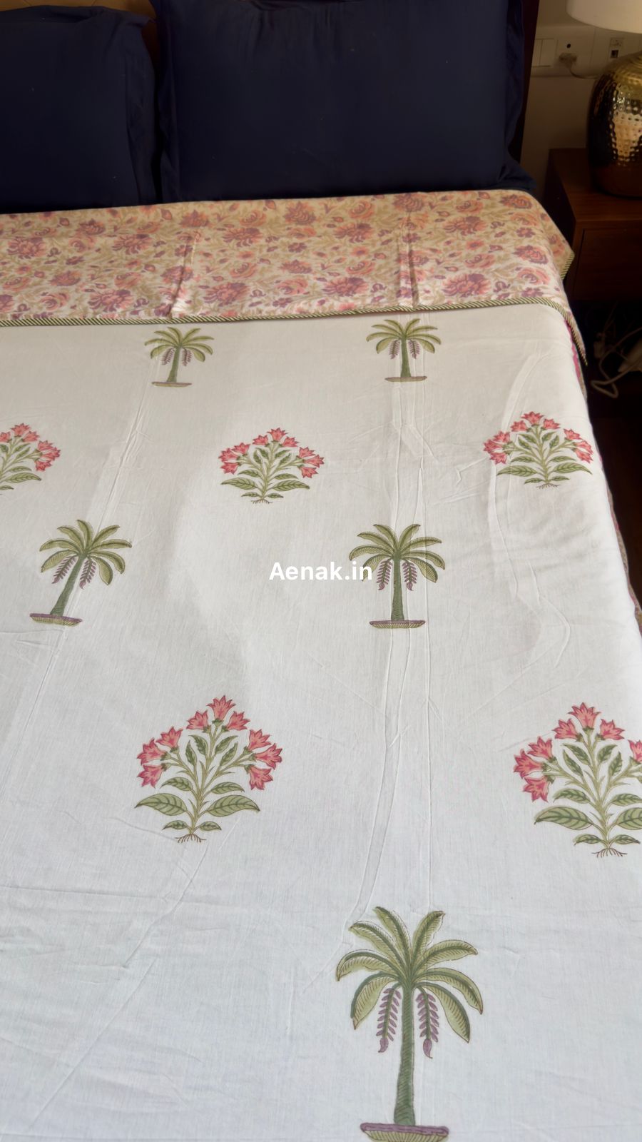 Pink Royal Palm Handblock Mulmul Cotton Reversible Dohar