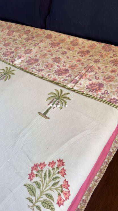Pink Royal Palm Handblock Mulmul Cotton Reversible Dohar