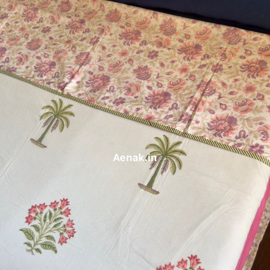 Pink Royal Palm Handblock Mulmul Cotton Reversible Dohar