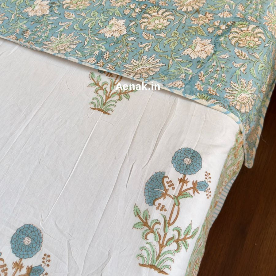 Blue Marigold Handblock Bedsheet + Dohar Combo Set