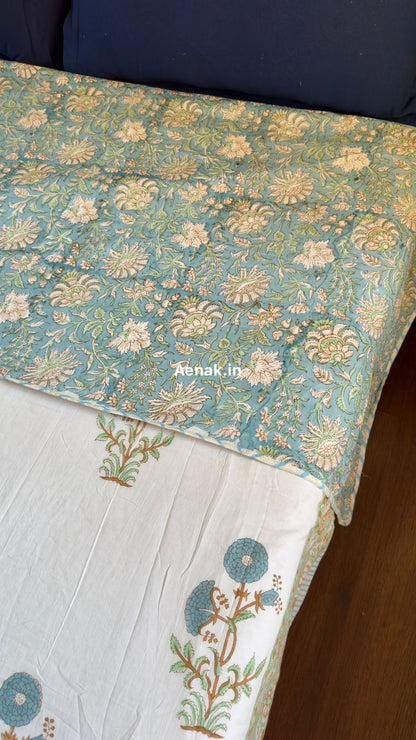 Blue Marigold Handblock Bedsheet + Dohar Combo Set