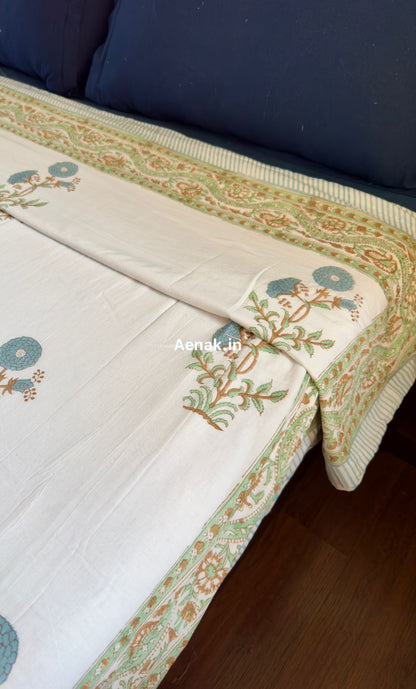 Blue Marigold Handblock Bedsheet + Dohar Combo Set
