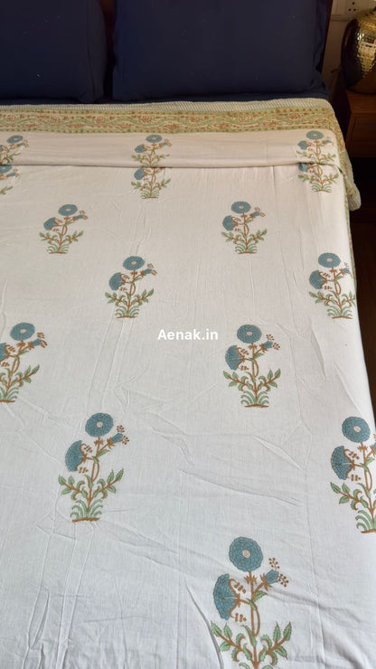 Blue Marigold Handblock Bedsheet + Dohar Combo Set