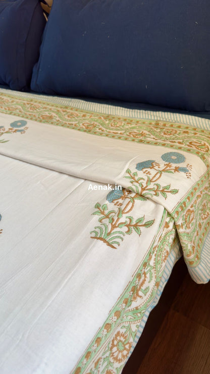 Blue Marigold Handblock Bedsheet + Dohar Combo Set