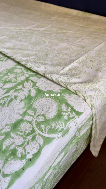 Green Garden Handblock Bedsheet + Dohar Combo Set