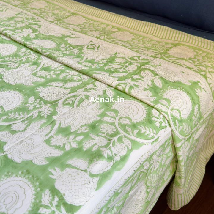 Green Garden Handblock Bedsheet + Dohar Combo Set