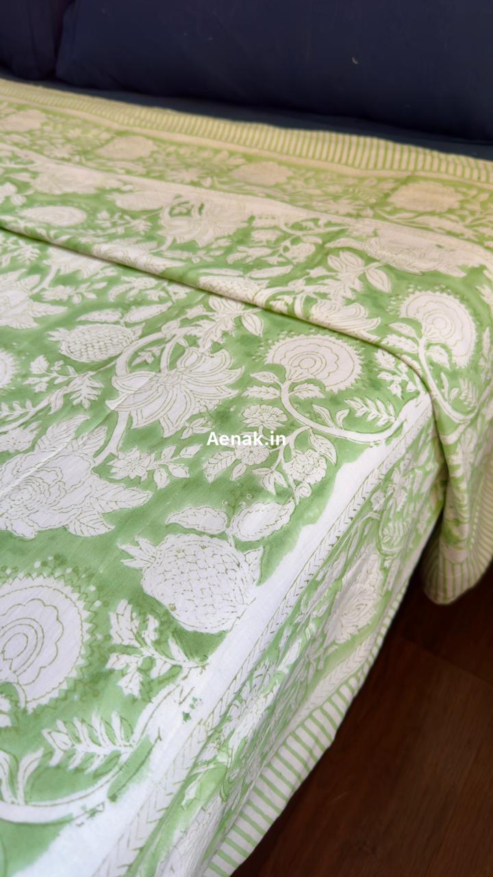 Green Garden Handblock Bedsheet + Dohar Combo Set