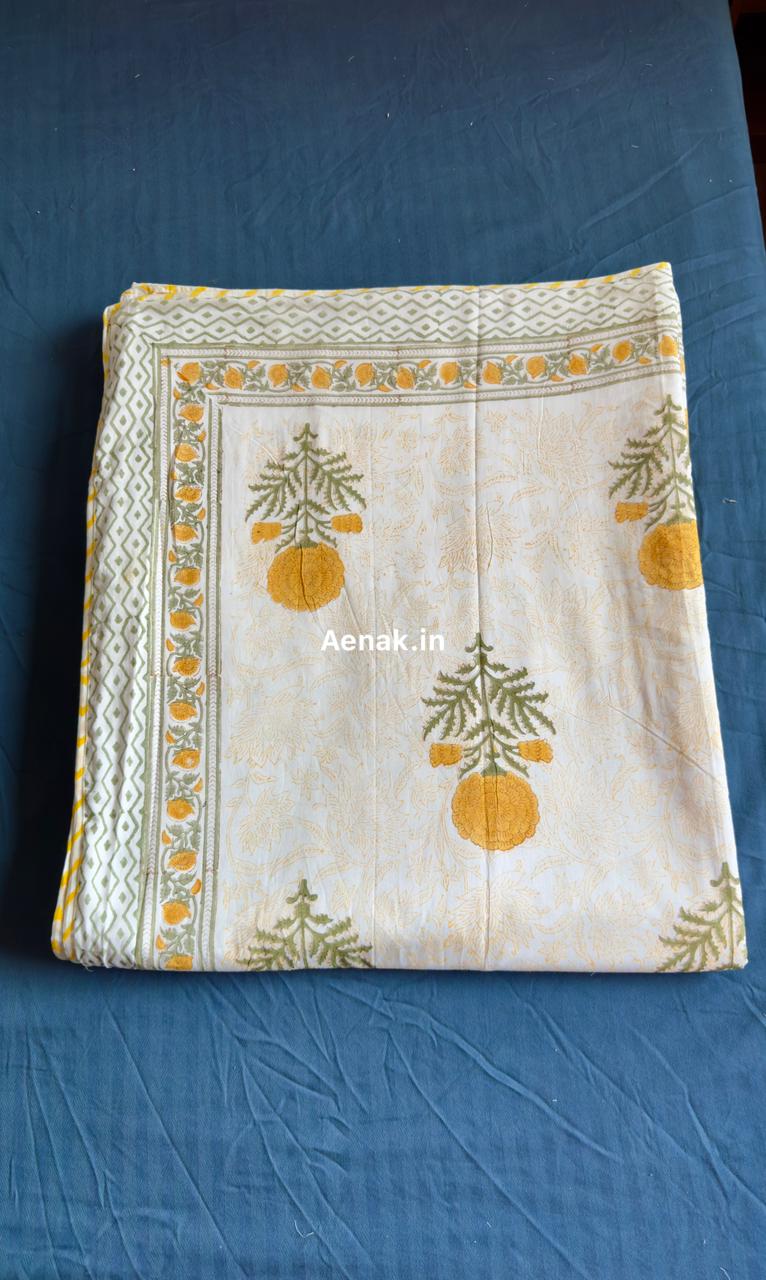 Yellow Marigold Paani Jaal Handblock Bedsheet + Dohar Combo Set