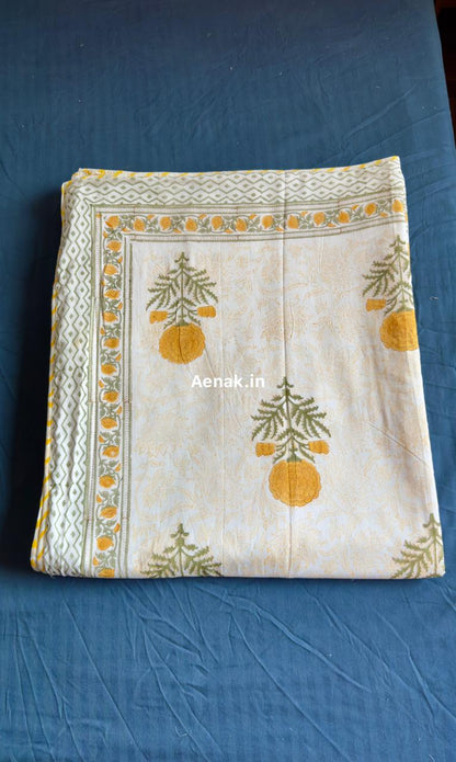 Yellow Marigold Paani Jaal Handblock Bedsheet + Dohar Combo Set