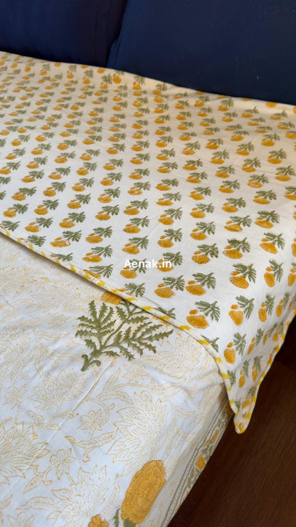 Yellow Marigold Paani Jaal Handblock Bedsheet + Dohar Combo Set