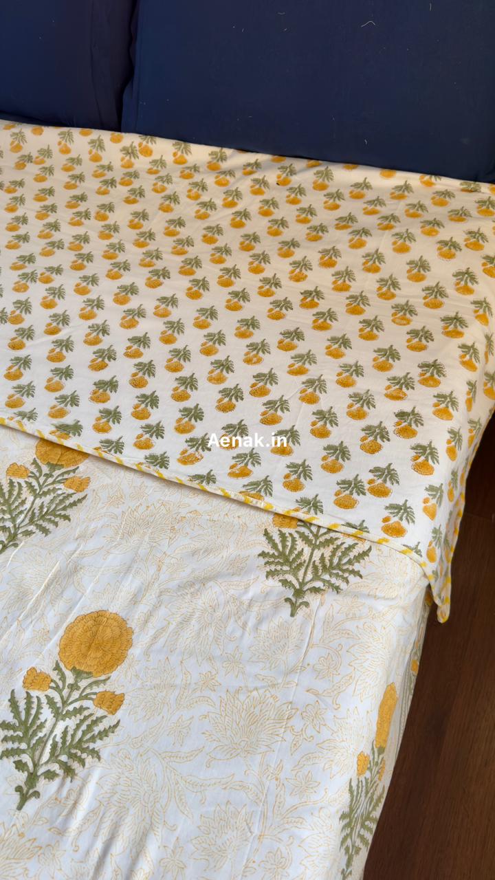Yellow Marigold Paani Jaal Handblock Bedsheet + Dohar Combo Set