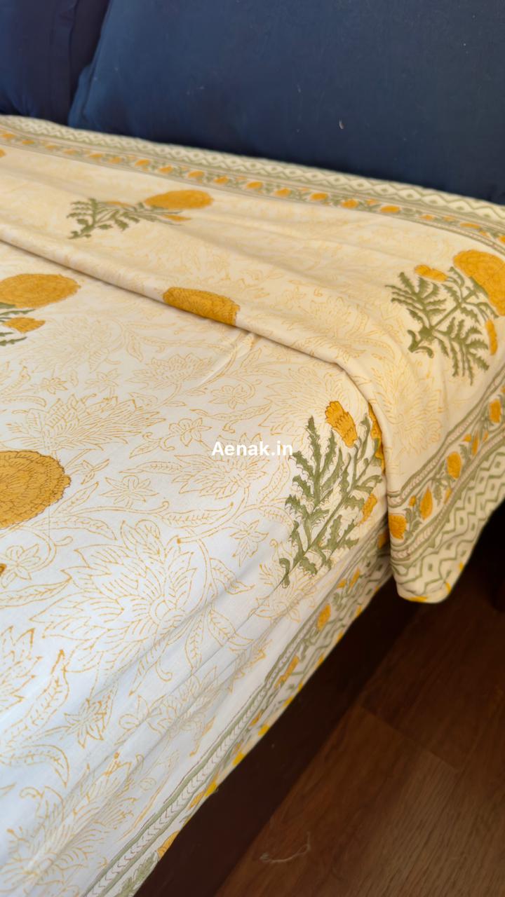 Yellow Marigold Paani Jaal Handblock Bedsheet + Dohar Combo Set
