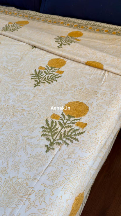 Yellow Marigold Paani Jaal Handblock Bedsheet + Dohar Combo Set