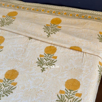 Yellow Marigold Paani Jaal Handblock Bedsheet + Dohar Combo Set