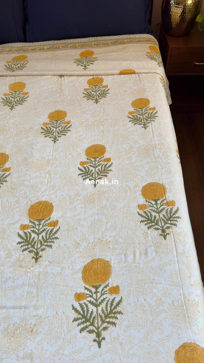 Yellow Marigold Paani Jaal Handblock Bedsheet + Dohar Combo Set
