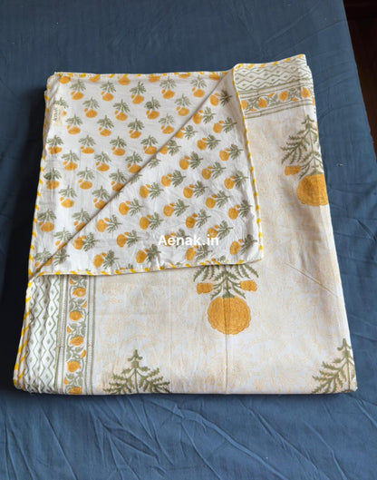 Yellow Marigold Paani Jaal Handblock Bedsheet + Dohar Combo Set