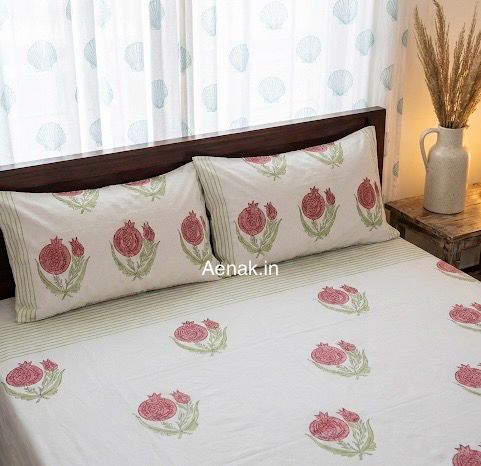 Pink Anaar Baag Handblock Premium Cotton Bedsheet Set