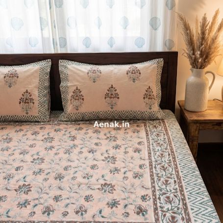 Brown Peach Floral Jaal Handblock Printed Premium Cotton Bedsheet Set