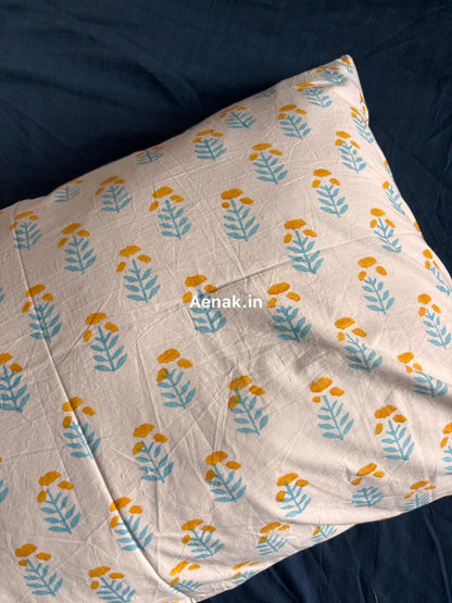 Yellow Blue Lotus Handblock Printed Premium Cotton Bedsheet Set