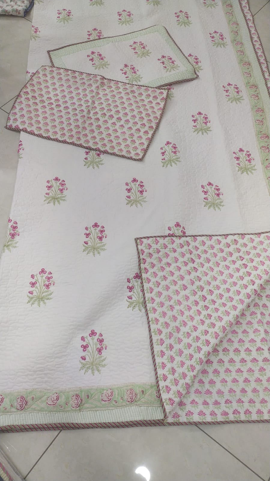 Pink Tiny Lily Handblock Reversible Quilted Cotton Bedcover- 105x108