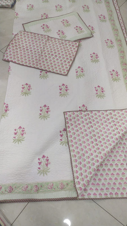 Pink Tiny Lily Handblock Reversible Quilted Cotton Bedcover- 105x108