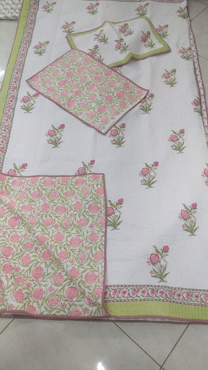 Pink Rose Boota Handblock Reversible Quilted Cotton Bedcover Set- 105x108