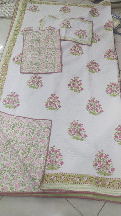 Pink Jaipuri Boota Handblock Reversible Quilted Cotton Bedcover Set- 105x108