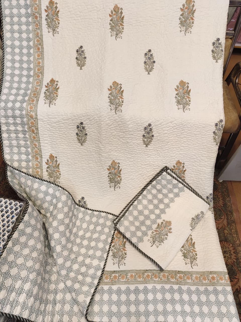 Yellow Blue Guldasta Handblock Reversible Quilted Cotton Bedcover Set- 105x108