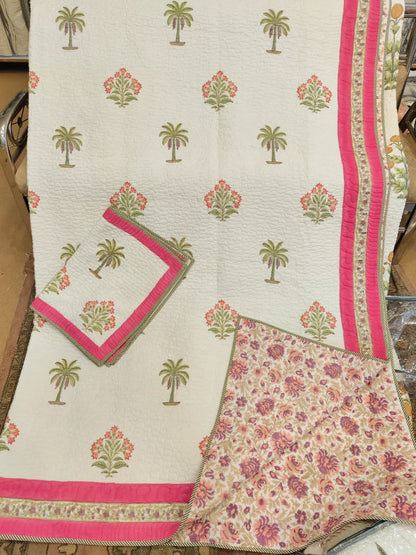 Pink Royal Palm Handblock Reversible Quilted Cotton Bedcover Set-106x108
