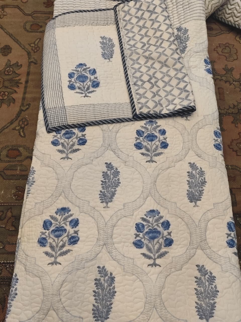 Blue Rose Jaal Handblock Reversible Quilted Cotton Bedcover Set- 105x108