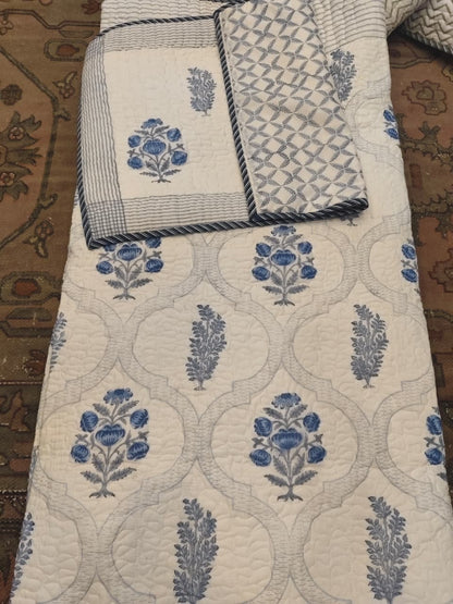 Blue Rose Jaal Handblock Reversible Quilted Cotton Bedcover Set- 105x108