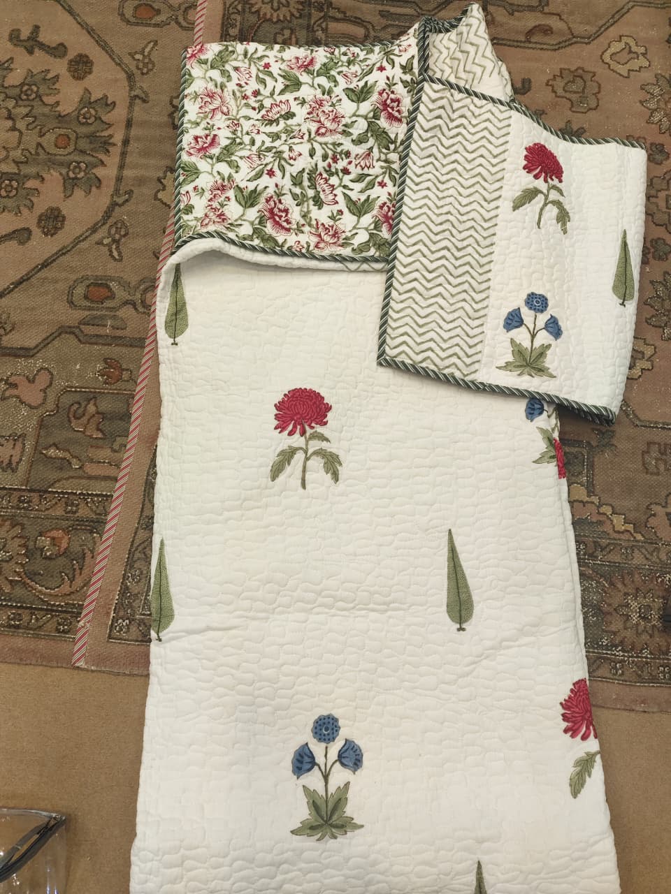Red Blue Rose Cypress Handblock Reversible Quilted Cotton Bedcover- 105x108