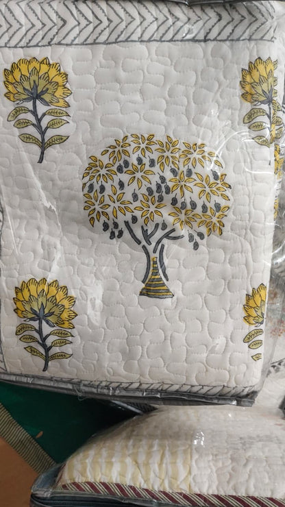Yellow Bodhi Tree Handblock Reversible Quilted Cotton Bedcover- 105x108