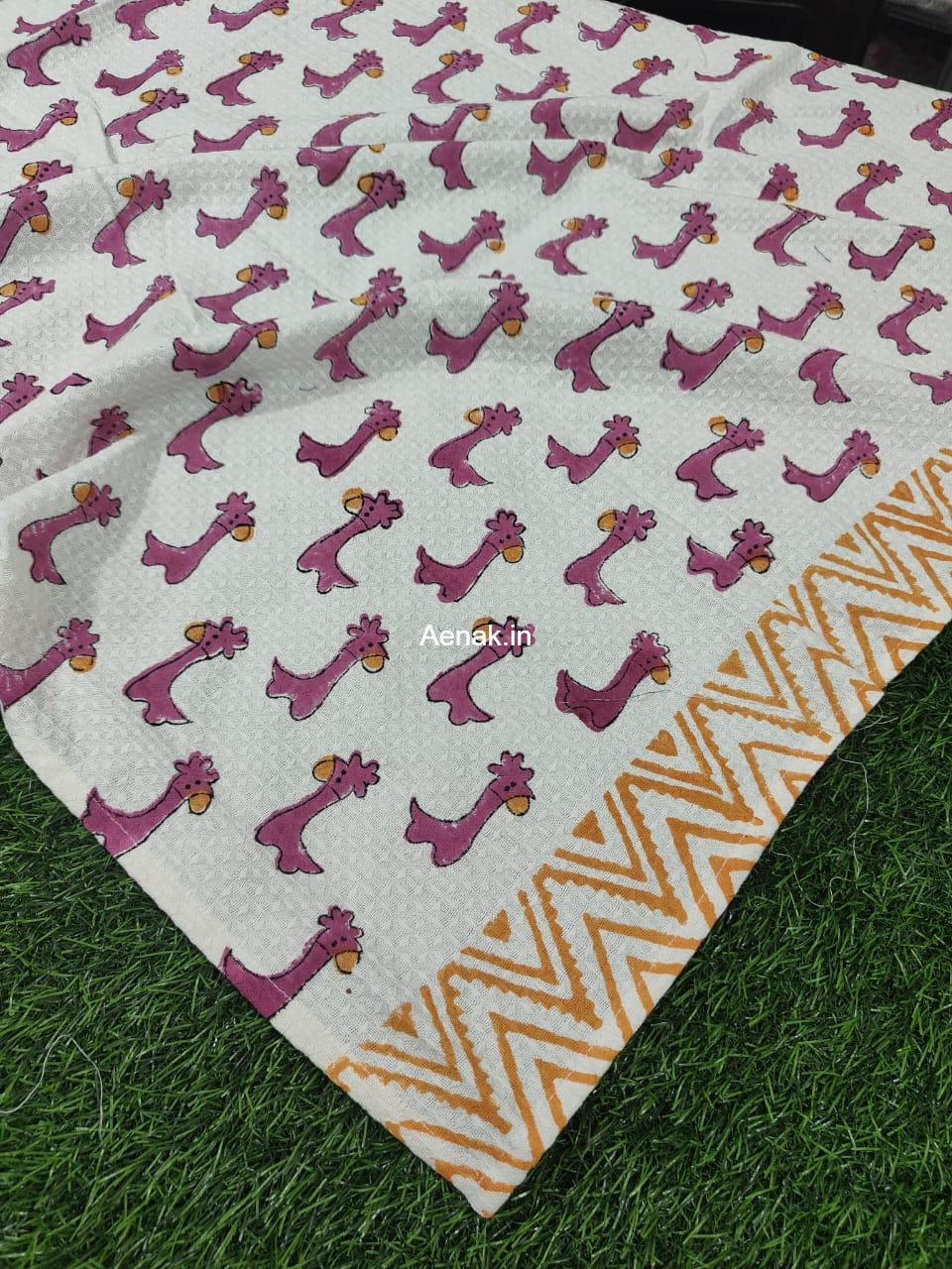 Pink Giraffe Handblock Waffle Cotton Bathing Towel