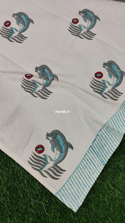 Grey Dolphin Handblock Waffle Cotton Bathing Towel