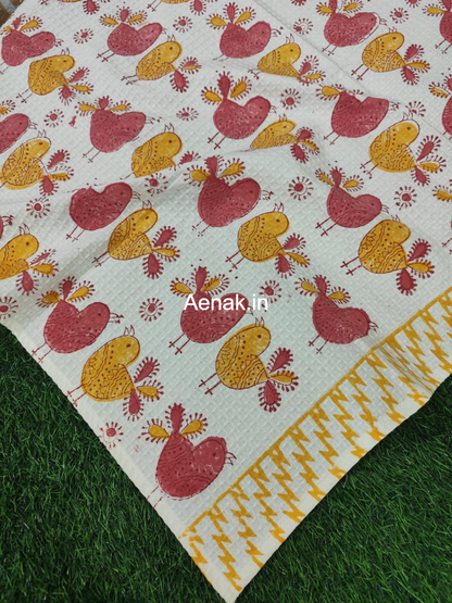 Orange Red Sparrow Handblock Waffle Cotton Bathing Towel
