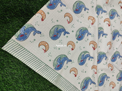 Blue Whale Handblock Waffle Cotton Bathing Towel