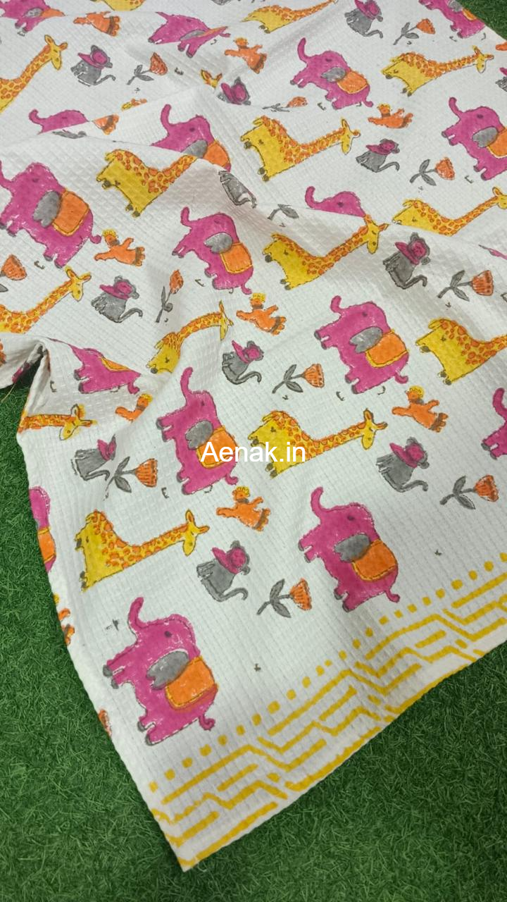 Elephant & Giraffe Rocket Handblock Waffle Cotton Bathing Towel