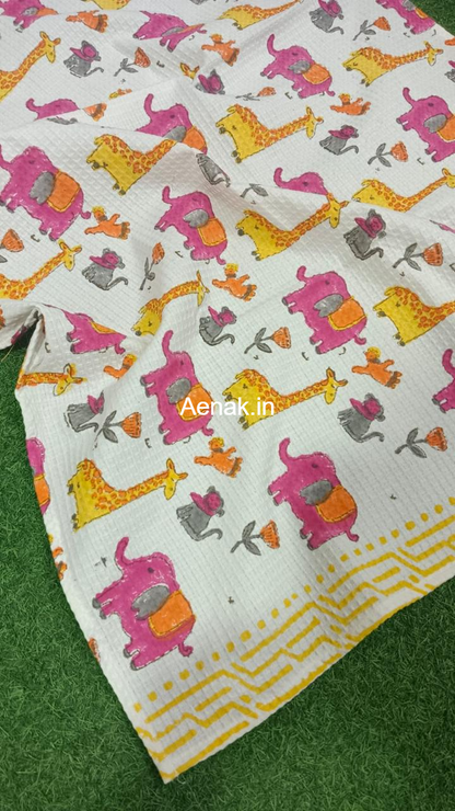 Elephant & Giraffe Rocket Handblock Waffle Cotton Bathing Towel