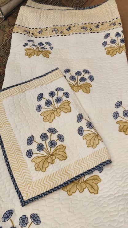 Indigo Petals Handblock Printed Reversible Quilted Bedcover