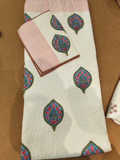 Pink Lotus Boota Handblock Printed Reversible Quilted Bedcover