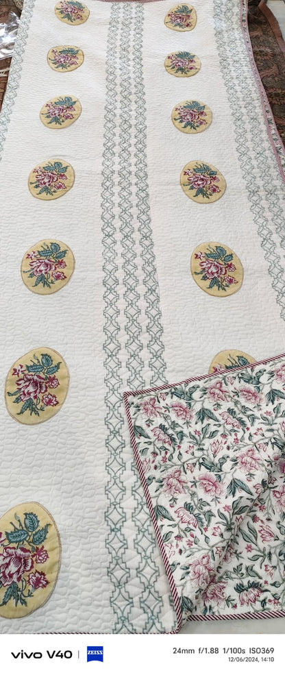 Red Rose Boota Handblock Reversible Quilted Bedcover Set