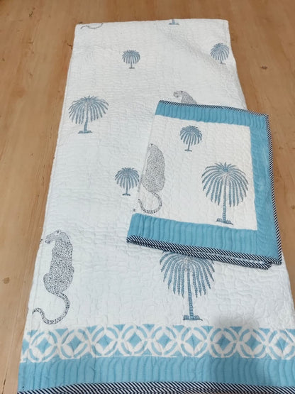 Sky Blue Cheetah Handblock Reversible Quilted Bedcover Set
