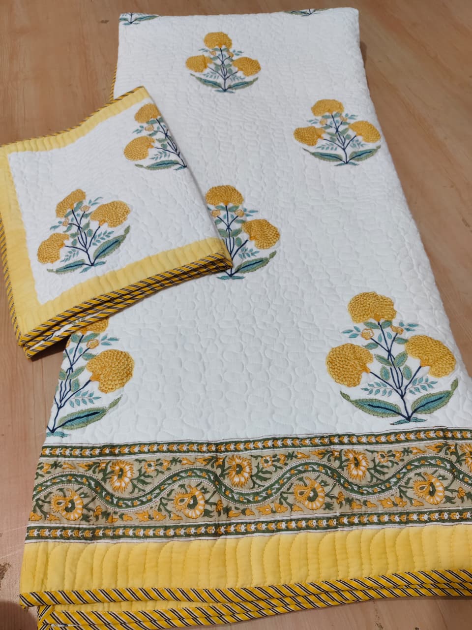 Yellow Marigold Handblock Printed Reversible Quilted Bedcover