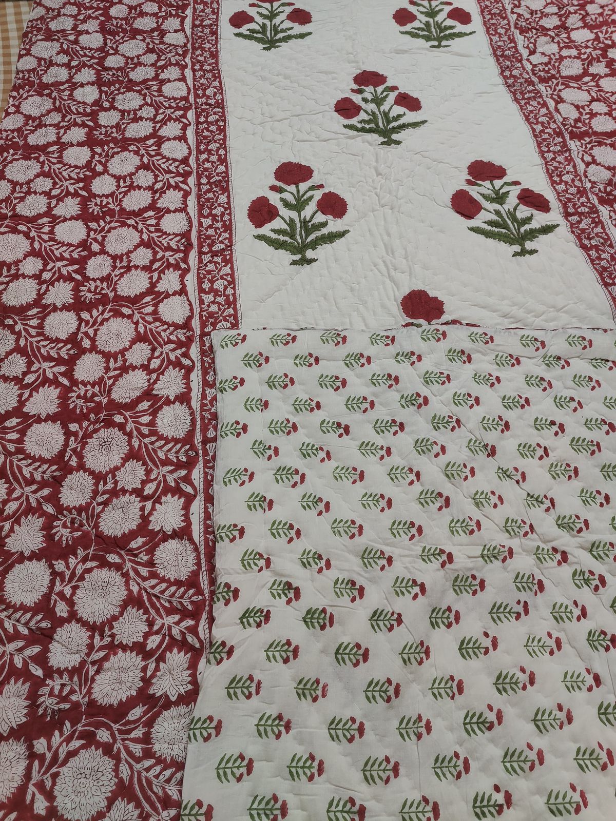 Red Dahlia Gadd Handblock Reversible Mulmul Cotton Quilt