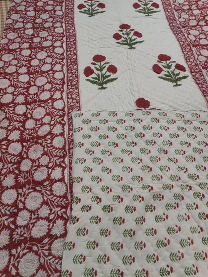 Red Dahlia Gadd Handblock Reversible Mulmul Cotton Quilt