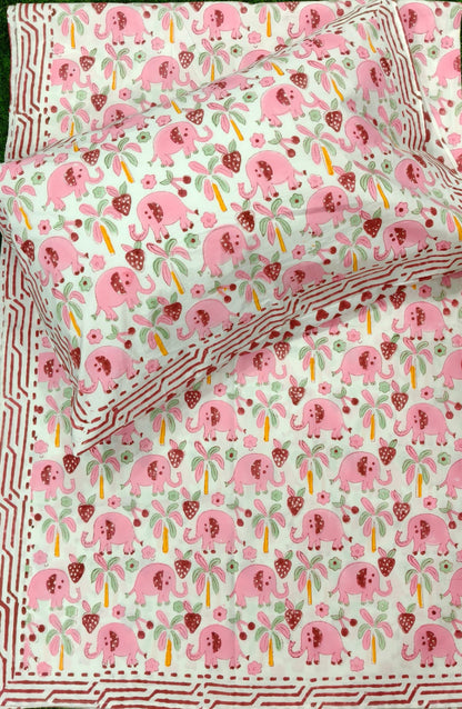 Pink Elephant Handblock Printed Premium Cotton Kids Bedsheet Set