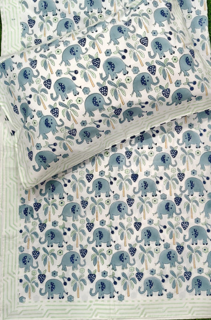 Blue Elephant Handblock Premium Cotton Kids Bedsheet Set