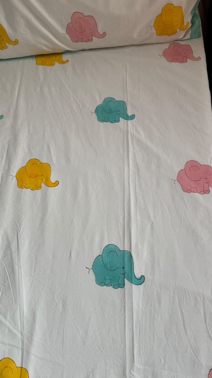 Pink & Yellow Elephant Handblock Premium Cotton Bedsheet Set