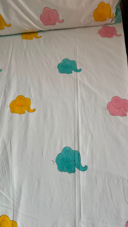 Pink & Yellow Elephant Handblock Premium Cotton Bedsheet Set